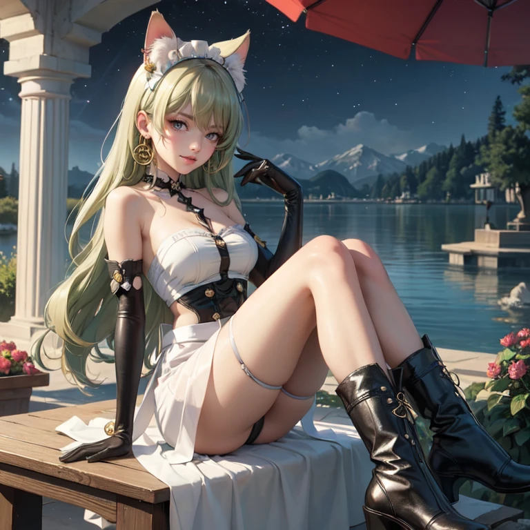 1girl, white maid dress, jewelry, green hair, flowing hair, long hair, white roses, firefly, oriental architecture, maid dress with a short skirt and layers, white laces, white boots, white dress with transparency, gold details on her clothes, cat ears, animal ears, lake, seat on the water, a garden with lake scenery, white roses, white flowers, more details, perfectly body, perfectly hands, two hands, two legs, two arms, five fingers, glowing hair, best quality, cat ears, animal ears, tail ornament, tail bow, white gloves, two cat tail, white gloves, alone, maid headdress, choker, detached sleeves, maid dress, maid white dress, strapless, masterpeice, best quality, detailed face, night, mobius (honkai impact), honkai (series), honkai impact 3rd, asymmetrical gloves, bangs, white short skirt , white gloves, white boots, earrings, elbow gloves, fishnet thighhighs, fishmasterpeice, solo, best quality, detailed face, gloves, green eyes, green hair, hair between eyes, jewelry, long hair, looking at viewer, single earring, sky, sleeveless, solo, thigh boots, thighhighs, tongue, tongue out, uneven gloves, sitting, cat ears, animal ears, cat tail, holding a ice cream