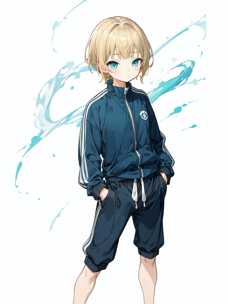 Turquoise Eyes、whole body、Navy blue tracksuit、Black shorts、Dynamic Napause、Blonde Hair、Girl's Room、Navy blue tracksuit、Blonde Hair、Shortcuts、Side hair is curled inward、Curly hair along the jawline、Navy blue jersey_White line with thin yellow border from shoulder to wrist、Black shorts、