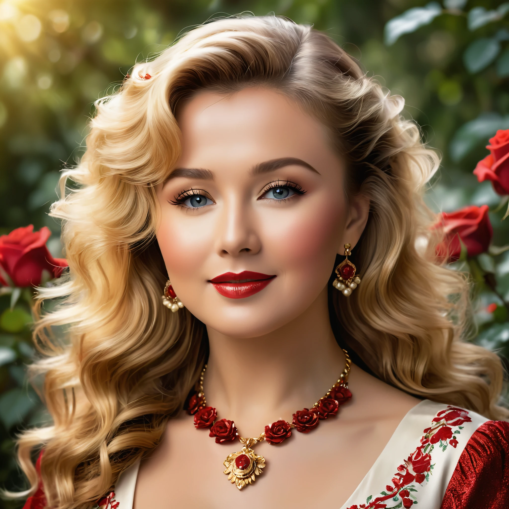 Create a highly detailed and realistic portrait of a young Debbie Reynolds with long, wavy blonde hair adorned with red roses. She has striking, expressive eyes and a calm, composed expression. She is wearing a vintage-style outfit with a necklace featuring a pendant. The background is a soft-focus natural setting with warm, dappled sunlight filtering through the leaves, enhancing the serene and romantic atmosphere. The style should be hyper-realistic with a touch of romanticism. Photo Realistic photo, vibrant colors, 16k