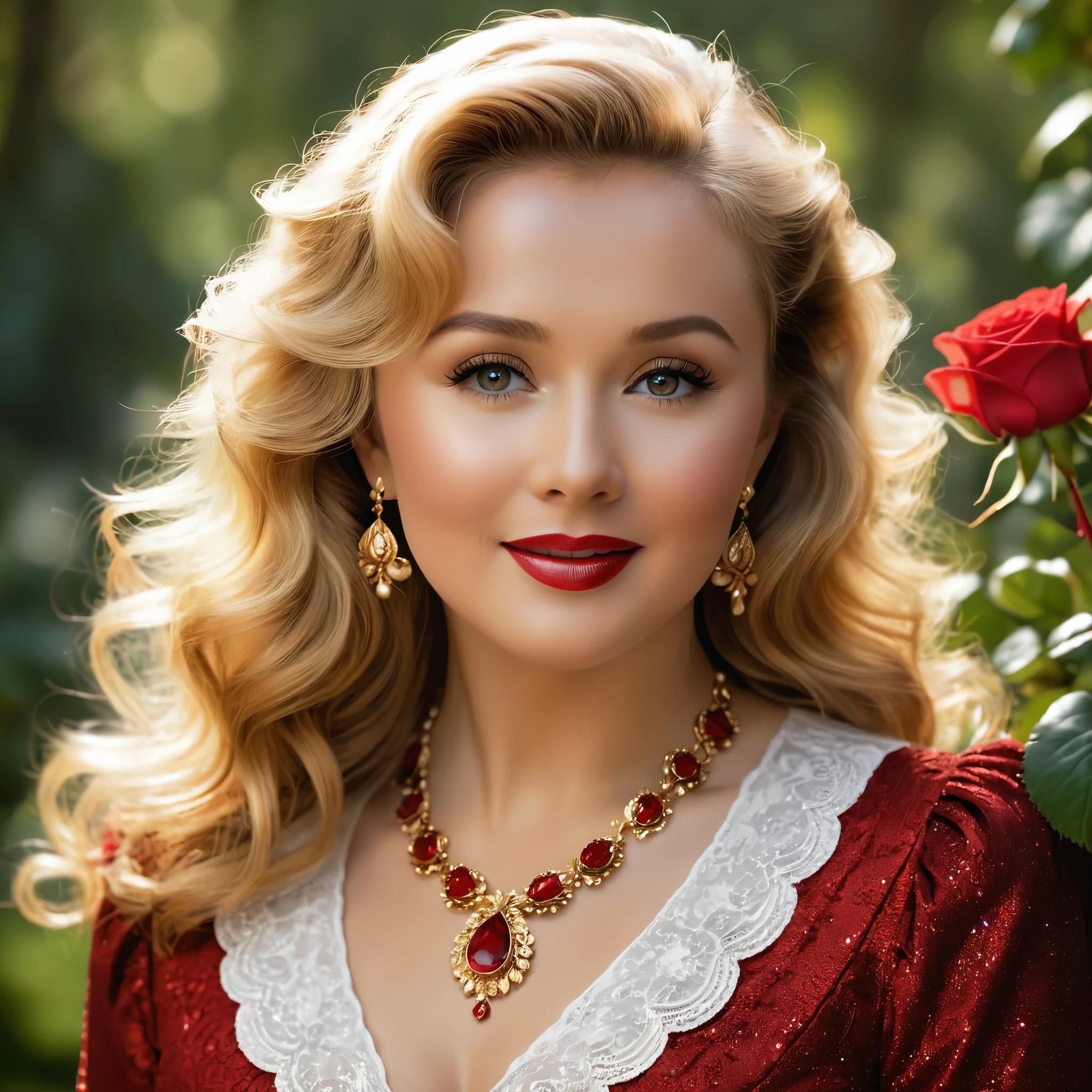 Create a highly detailed and realistic portrait of a young Debbie Reynolds with long, wavy blonde hair adorned with red roses. She has striking, expressive eyes and a calm, composed expression. She is wearing a vintage-style outfit with a necklace featuring a pendant. The background is a soft-focus natural setting with warm, dappled sunlight filtering through the leaves, enhancing the serene and romantic atmosphere. The style should be hyper-realistic with a touch of romanticism. Photo Realistic photo, vibrant colors, 16k