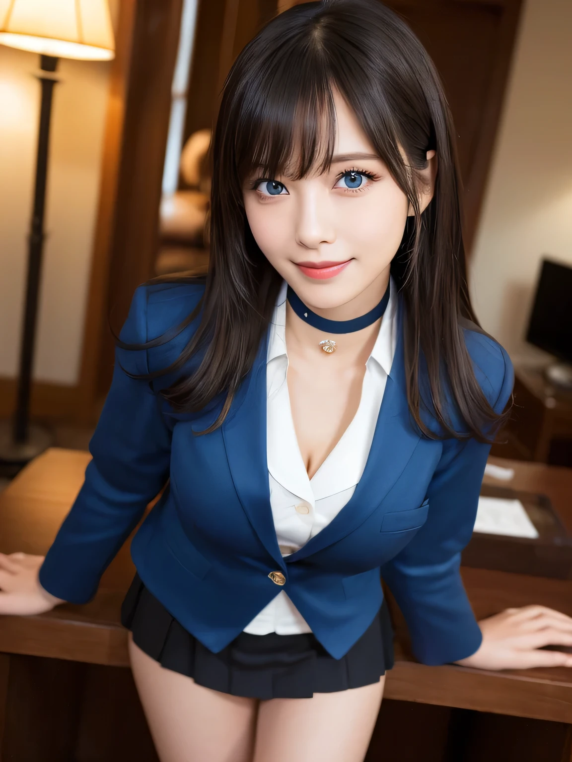 (Highest quality, masterpiece:1.3, Ultra-high resolution), (Very detailed), (Realistic:1.4, RAW shooting), Businesswoman、((Dark Blue Blazer:1.2)), ((Slim body，Slim face)), girl, Japanese, cute, Straight Hair, ((Big Breasts)), (View from the front:1.1), Looking into the camera, Light brown hair, ((Black choker)), Very long and bushy eyelashes, blue eyes, bangs、 ((smile)), ((mini skirt)), President&#39;s office