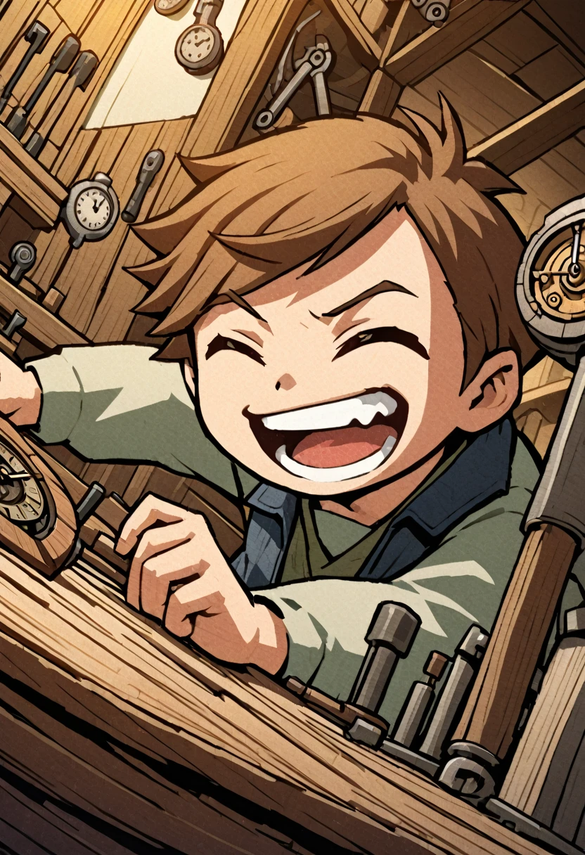 detailed illustration, dynamic angle, ultra-detailed, illustration, WindWakerStyle, 1man, brown hair, wooden workshop, smile, laughing, clocks, clockwork tools, tinker tools, carpentry tools, springs, 