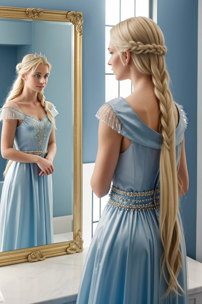 A girl in her 20s with blue eyes, blonde hair, in a blue medieval dress, looking at a mirror, we see her side profile as he turns her back from the camera, in the mirror there is someone else's reflection, the reflection is the ice queen, in a ice dress.