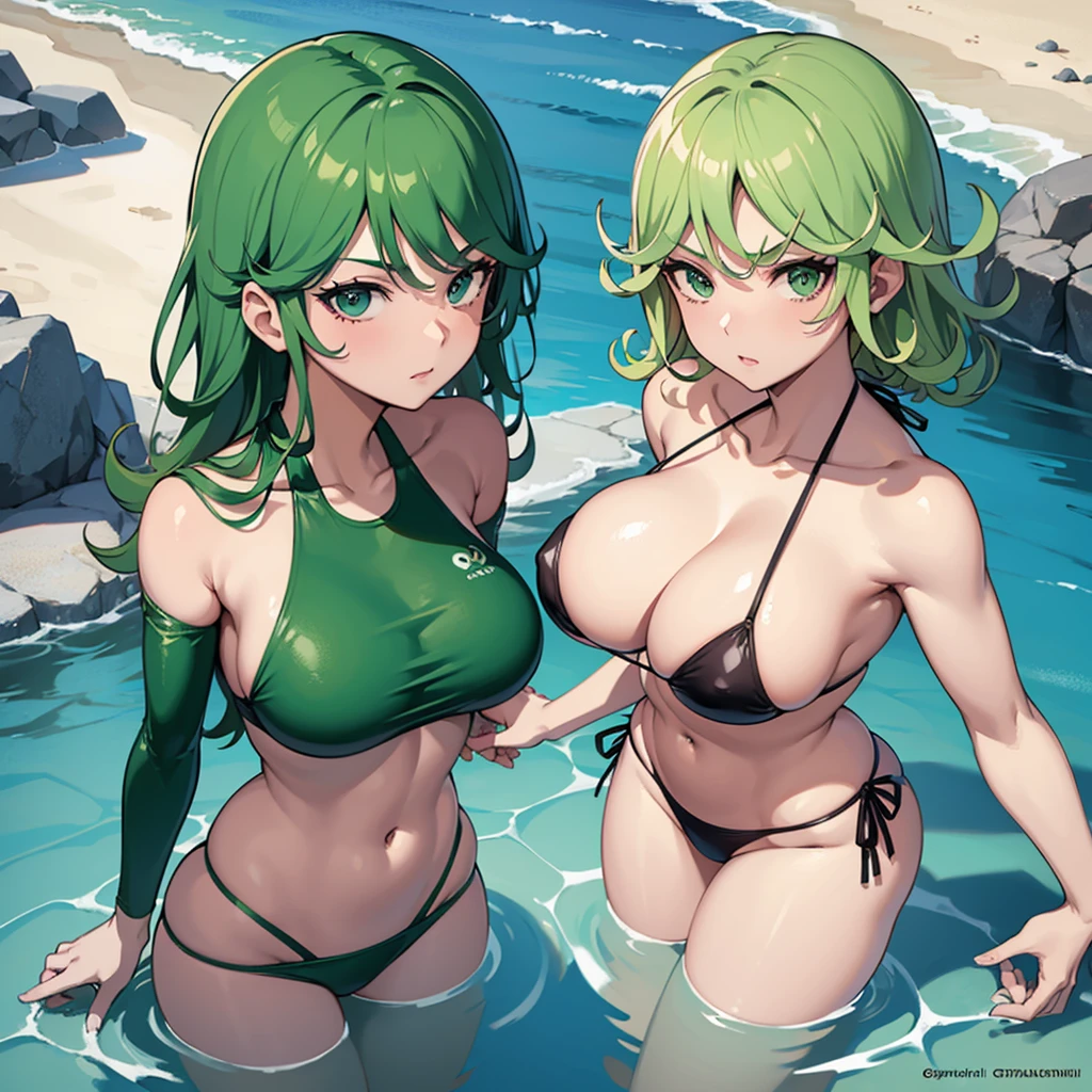 a closeup of a woman in a bikini on the beach, Tatsumaki de one punch man, bikini verde, Tatsumaki, seductive anime girl, krenz cushart y artgerm, green Swimsuit, Extremely detailed artistic germ, Swimsuit, I will also make fanart., Artgerm Style, artgerm lau, oppai, as a germ of art, big boobs, bigger