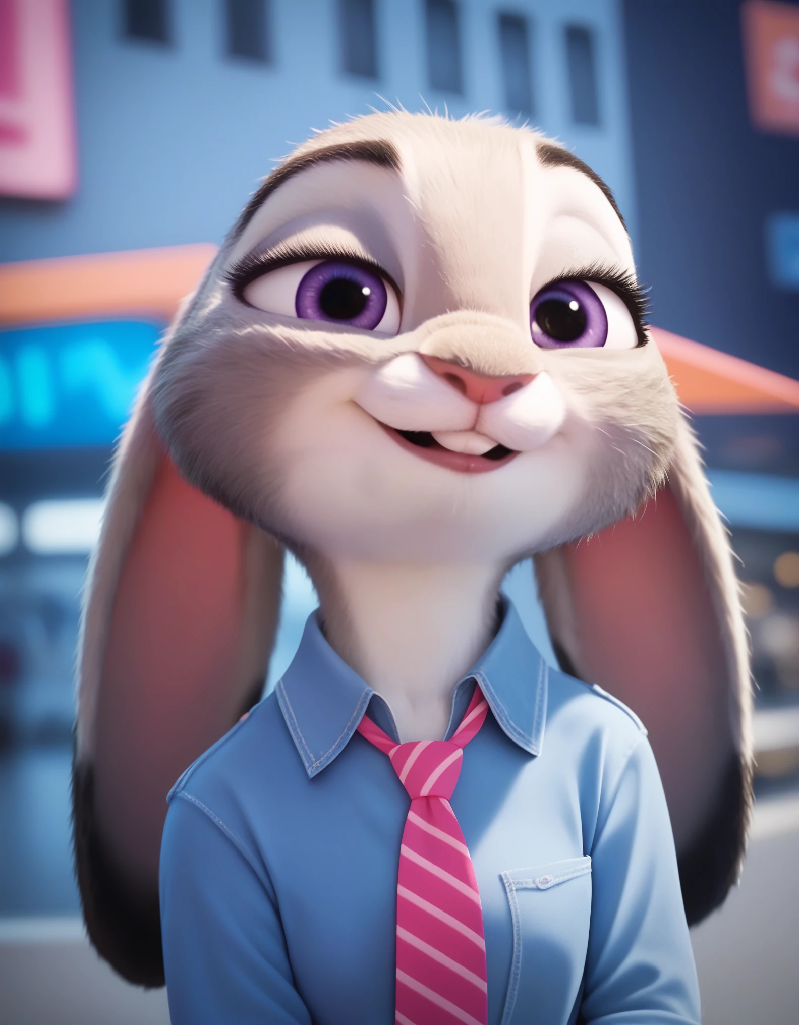 anthro, judyhopps, solo, female, adult, (Detailed face), (solo:1.1), ((anthro, humanoid)), [(thin:1.1) : small  : (Judy rabbit:1.2):4], (Detailed face), (anthropomorphic legs, anthropomorphic hands:1.1), (solo), (bedroom eyes, realistic fur, detailed background, neon city background, realistic, photorealistic, ultra realistic, furry, fur