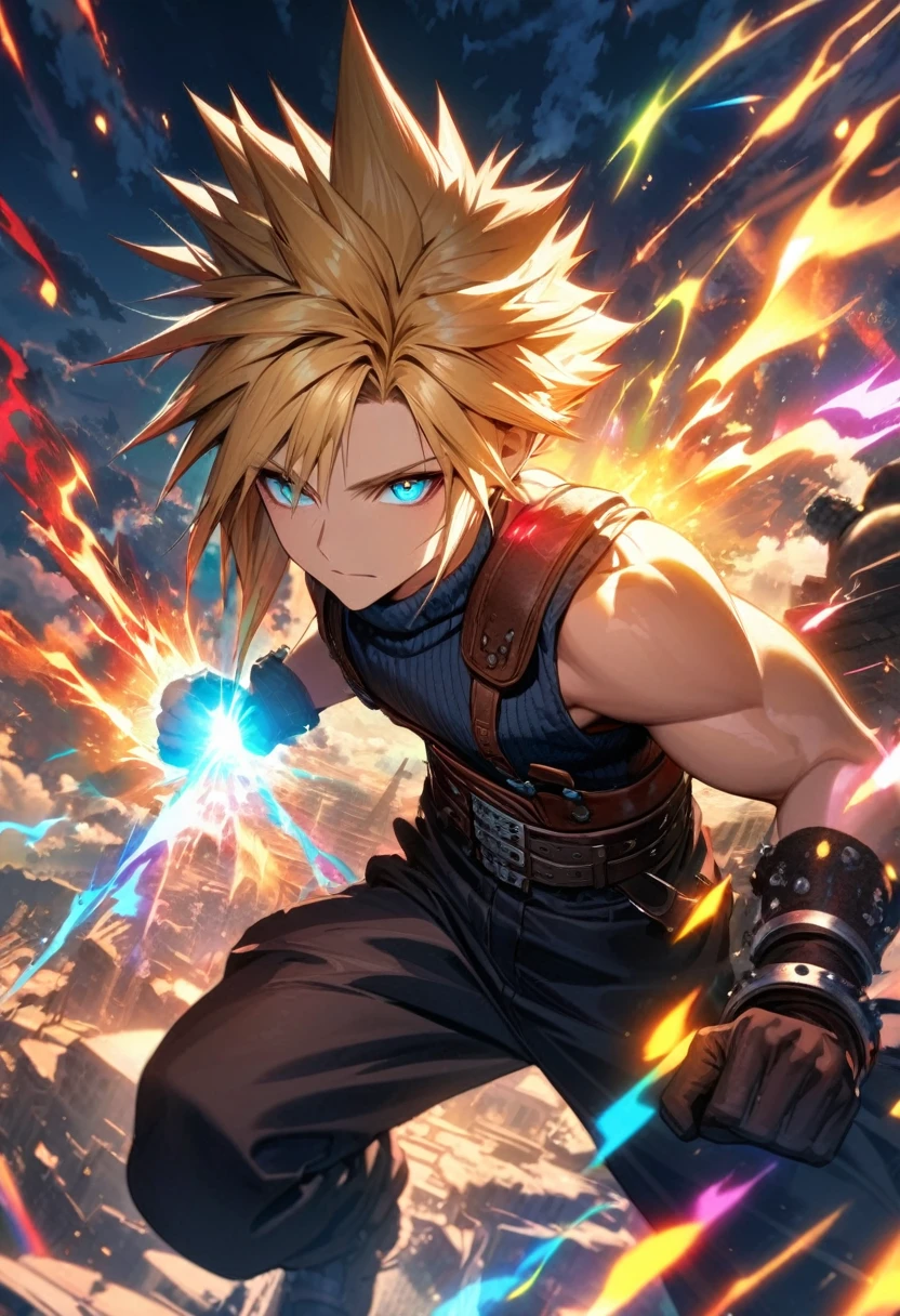 Symetrical,absurdres, highres, ultra detailed, HDR, masterpiece, extremely detailed face and eyes, Cloud Strife,final fantasy 7, yellow hair , , solo, man, handsome, ,, , Epic fight scene, colorful lightning effect, glowing glitters, colorful splashing effect, colorful flames,