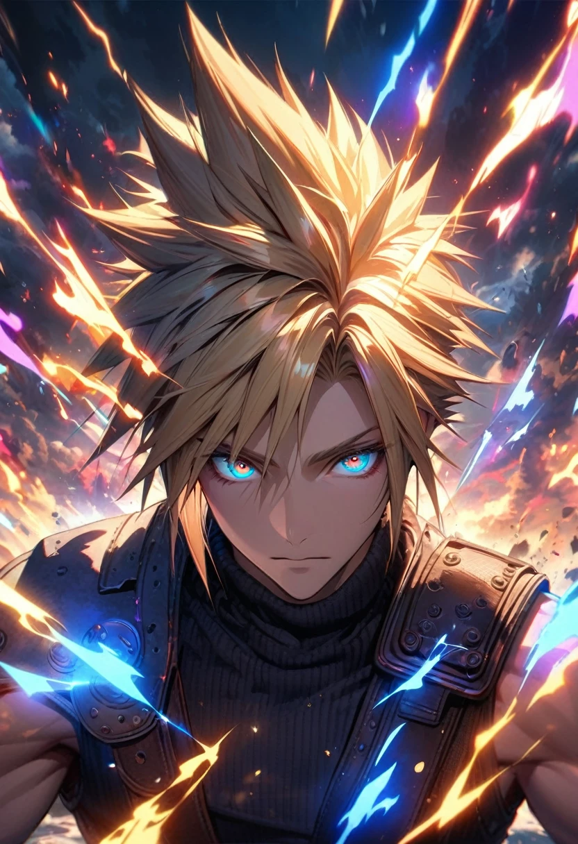 Symetrical,absurdres, highres, ultra detailed, HDR, masterpiece, extremely detailed face and eyes, Cloud Strife,final fantasy 7, yellow hair , , solo, man, handsome, ,, , Epic fight scene, colorful lightning effect, glowing glitters, colorful splashing effect, colorful flames,