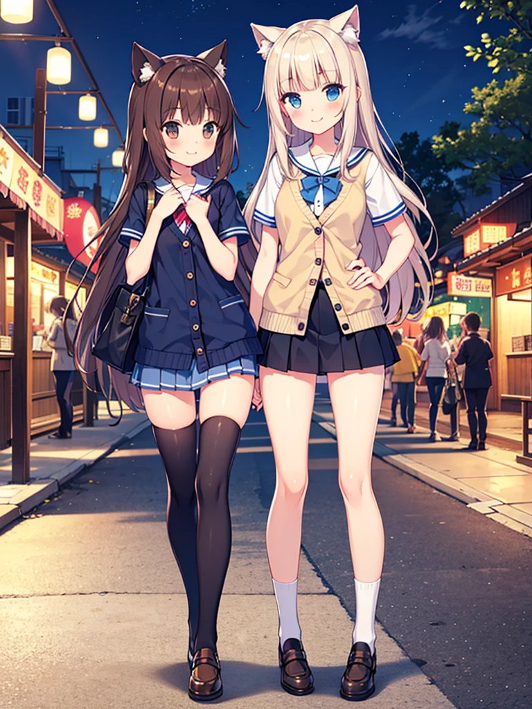 {Highest quality], [Super beautiful], [Ultra fine], [Best illustration], NSFW,Brown Hair, Hime cut, Long Hair blue ,cat ear , With bangs, girl,,uniform,knit cardigan,Short sleeve,skirt,smile, blush, Slender women,Standing posture,(Public),Night Park,Summer festival,diagonal, Navy blue knee socks,Black loafa