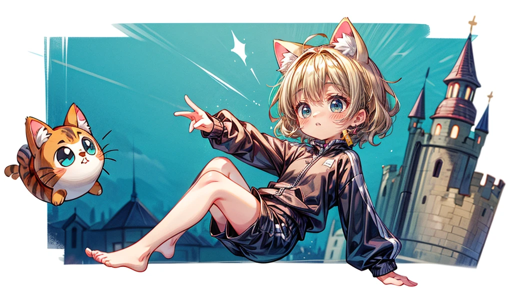 Dynamic pose、look up、short hair、Cat ear、Flying Castle, Full of air,One girl、Big smile、Blonde Hair、short hair、Side hair is curled inward、Curly hair along the jawline、紺色のTracksuits_White line from shoulder to wrist、Black shorts、barefoot、Tracksuits、Turquoise Eyes