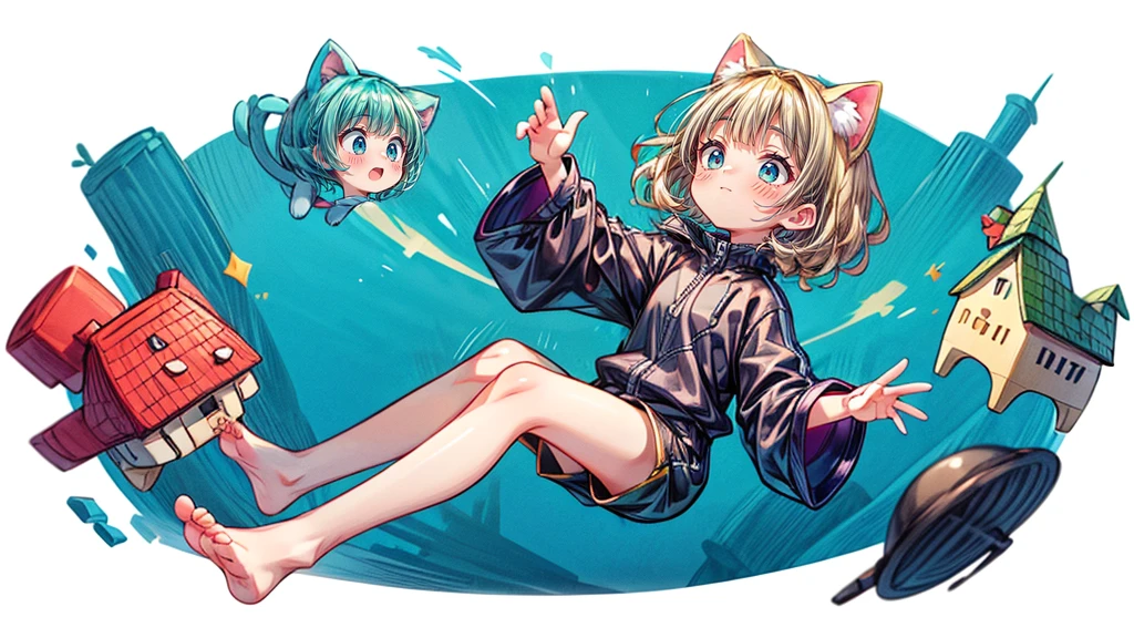 Dynamic pose、look up、short hair、Cat ear、Flying Castle, Full of air,One girl、Big smile、Blonde Hair、short hair、Side hair is curled inward、Curly hair along the jawline、紺色のTracksuits_White line from shoulder to wrist、Black shorts、barefoot、Tracksuits、Turquoise Eyes