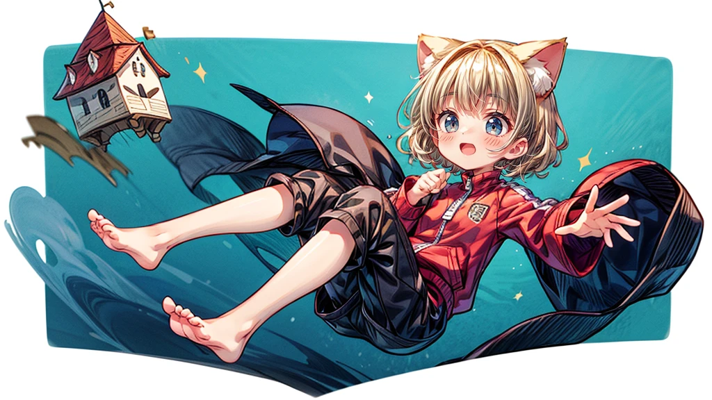 Dynamic pose、look up、short hair、Cat ear、Flying Castle, Full of air,One girl、Big smile、Blonde Hair、short hair、Side hair is curled inward、Curly hair along the jawline、紺色のTracksuits_White line from shoulder to wrist、Black shorts、barefoot、Tracksuits、Turquoise Eyes