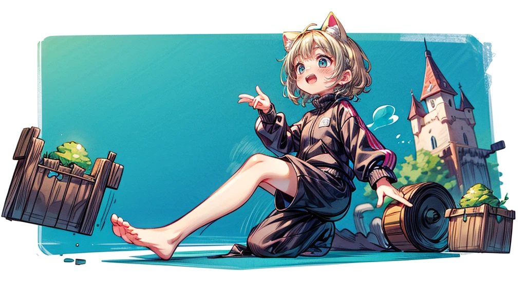 Dynamic pose、look up、short hair、Cat ear、Flying Castle, Full of air,One girl、Big smile、Blonde Hair、short hair、Side hair is curled inward、Curly hair along the jawline、紺色のTracksuits_White line from shoulder to wrist、Black shorts、barefoot、Tracksuits、Turquoise Eyes