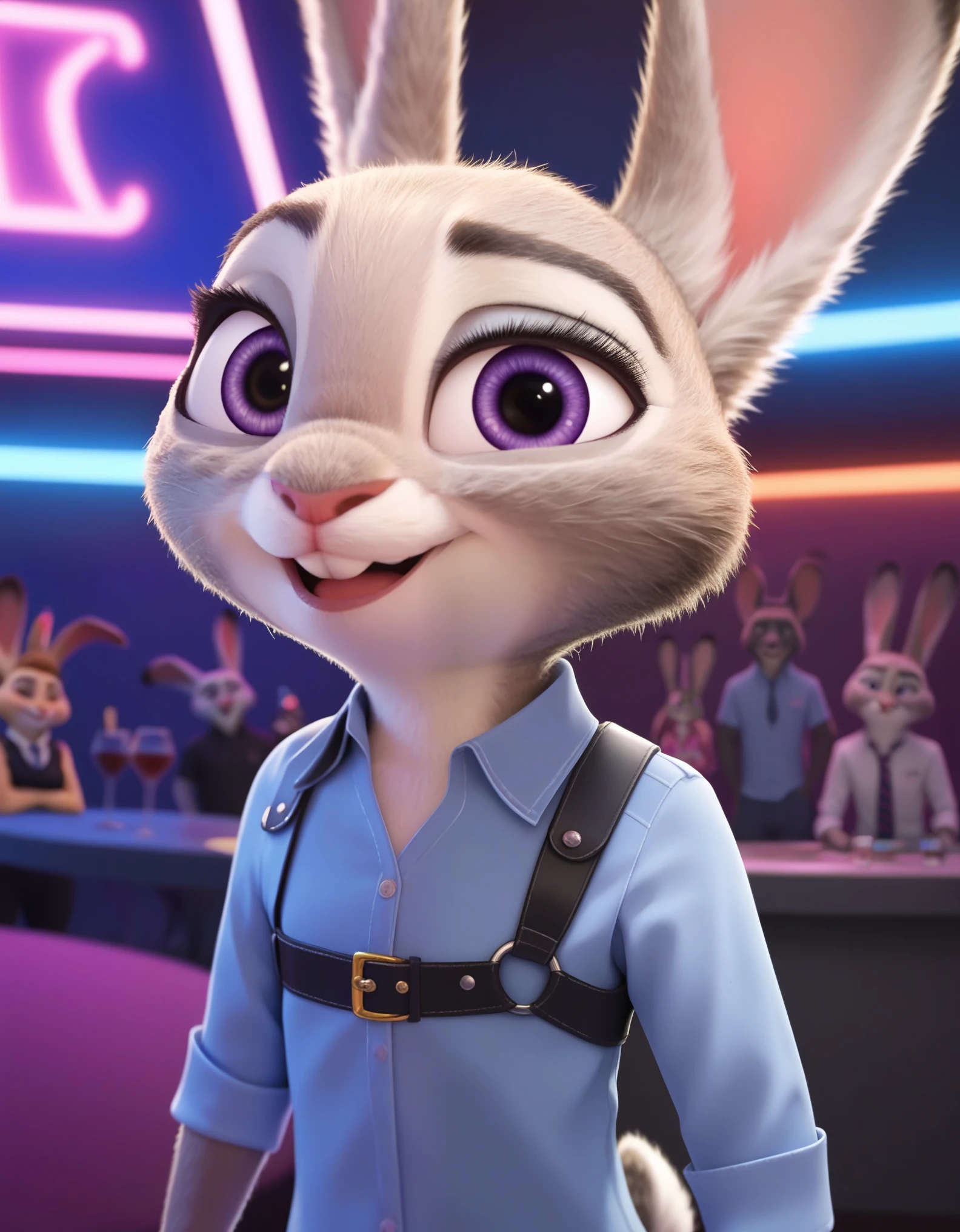 anthro, rabbit, sheath, judyhopps,, zootopia, standing, looking at viewer, nightclub, leather clothing, harness,