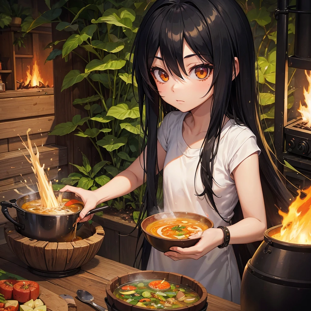 girl similar to gorillaz noodle, long black straight hair ((drawing)), ((anime girl nose)), jungle, inside a cauldron full of broth with vegetables, fire heating, a tribe of several African pygmies, looking.