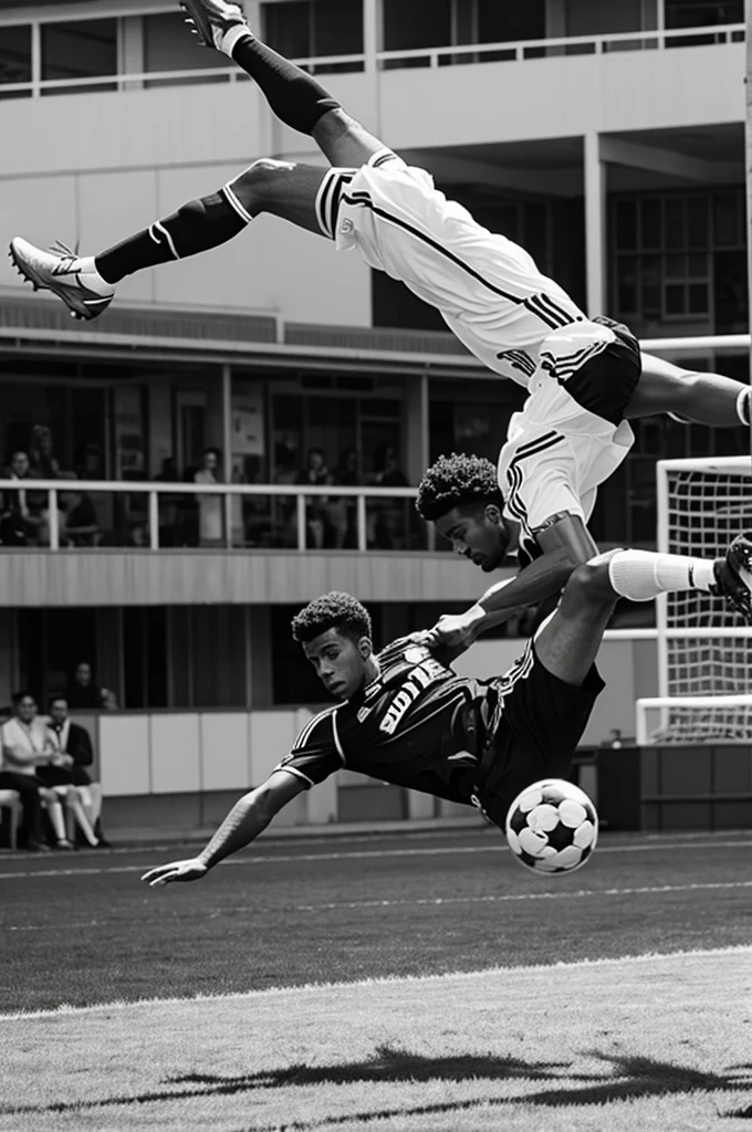 I want a black and white mural of a faceless soccer player doing a overhead kick 