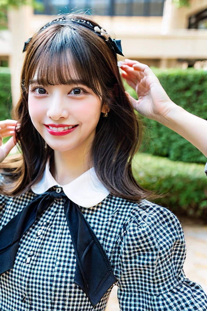 (8K, 4K, Best Quality, High Definition, Ultra High Definition: 1.1), (Masterpiece, Realistic, Photorealistic: 1.1), 1girl, Japanese woman, model's expression, Smooth, straight black hair with bangs, large expressive eyes with a hint of eyeliner, clear fair skin with a natural glow, a friendly warm smile with straight white teeth, wearing a stylish dress with a white collar and black bow featuring a checkered pattern, posing with hands raised near the face displaying a cheerful and approachable demeanor, ensure the overall look is appealing to a wide audience while maintaining elegance and beauty.
