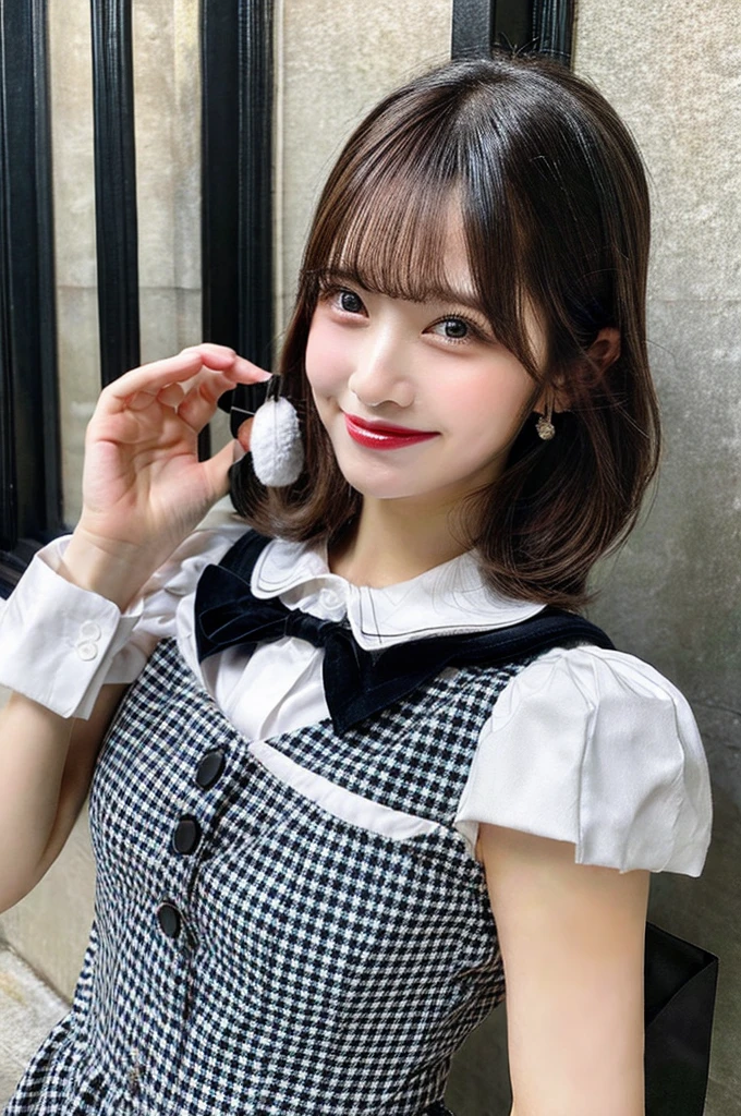 (8K, 4K, Best Quality, High Definition, Ultra High Definition: 1.1), (Masterpiece, Realistic, Photorealistic: 1.1), 1girl, Japanese woman, model's expression, Smooth, straight black hair with bangs, large expressive eyes with a hint of eyeliner, clear fair skin with a natural glow, a friendly warm smile with straight white teeth, wearing a stylish dress with a white collar and black bow featuring a checkered pattern, posing with hands raised near the face displaying a cheerful and approachable demeanor, ensure the overall look is appealing to a wide audience while maintaining elegance and beauty.