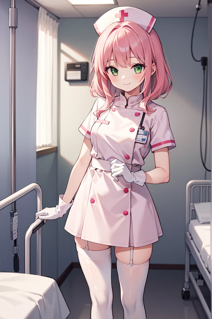 1girl, solo, nurse, white nurse cap, white nurse uniform, ((white legwear, zettai ryouiki)), white gloves, pink hair, green eyes, drooping eyes, smile, standing, ((hospital room)), sharp outline, short sleeves, best quality, masterpiece