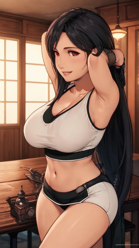 standing, solo, hanabu\(boruto\), 1girl, mature female, (((naked))) nsfw , sideboob, large breasts ,  cleavage, standing straight , byakugan eyes ,front view hanging breasts, curvy, hands on table, arms down, looking at viewer, blush, parted lips, light smile, long brown hair