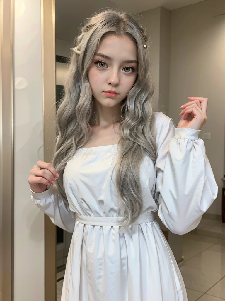 white girl, anime style, gold eyes, silver hair with golden touches, long wavy hair, intimidating expression, slim, 15 year old girl, very beautiful, long white traditional greek dress with long sleeves, loose hair, 