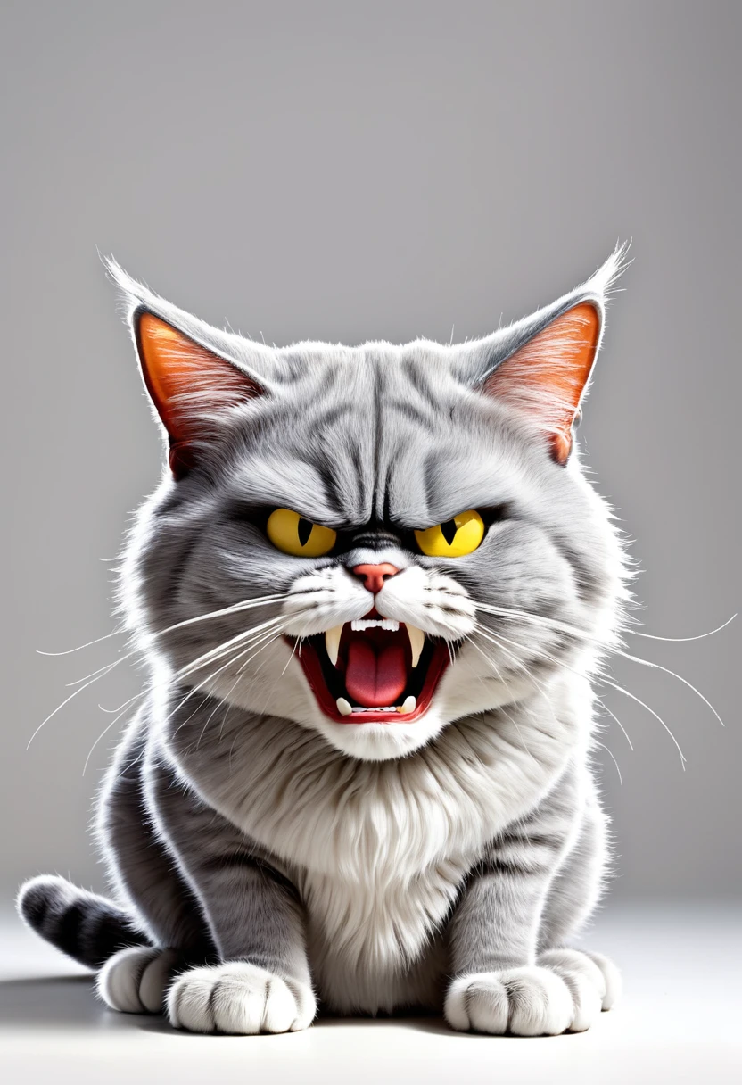 Jim Davis cartoons, A humor and Expressive cartoon of an angry grey cat, permanent,Pure white background, humor, Expressive, angry, grey