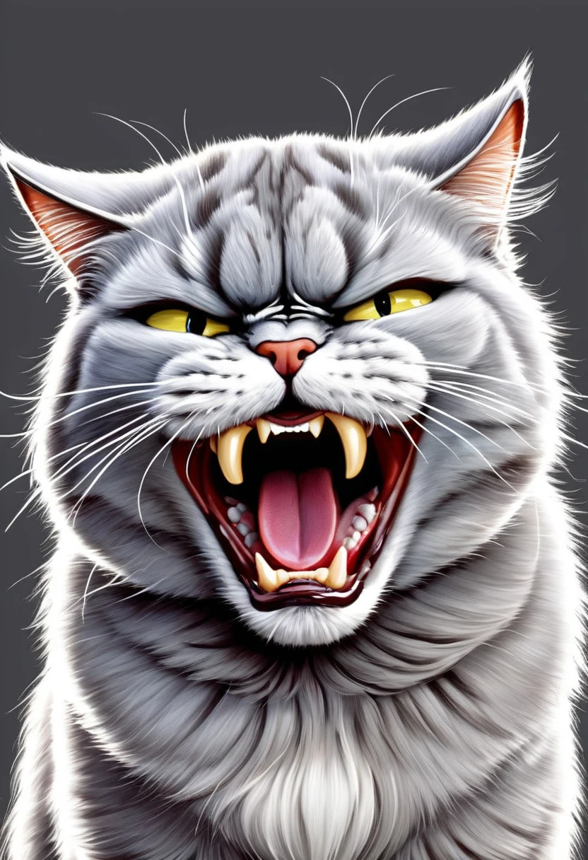 Jim Davis cartoons, A humor and Expressive cartoon of an angry grey cat, permanent,Pure white background, humor, Expressive, angry, grey