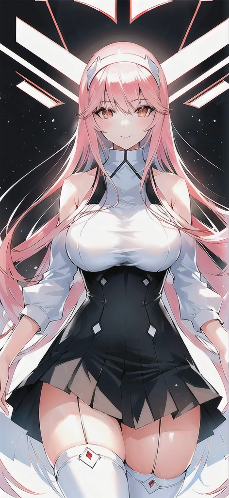 (masterpiece, 4k, best quality, anime style: 1.9, high saturation, space background, detailed face, tall, adult woman, highres, anime, lacus4. white off shoulder, dress with pink design, dress lift:1.4, beautiful pussy exposed:1.2, spread pussy:1.2 ), breasts exposed:1.2), 1girl, solo, long hair, clavicle, shoulder bone, wavy hair, hair ornament, detailed reddish pink hair, cleavage, big blue eyes, large breasts, smile, open mouth, very happy, spread legs:1.2 , slender body,