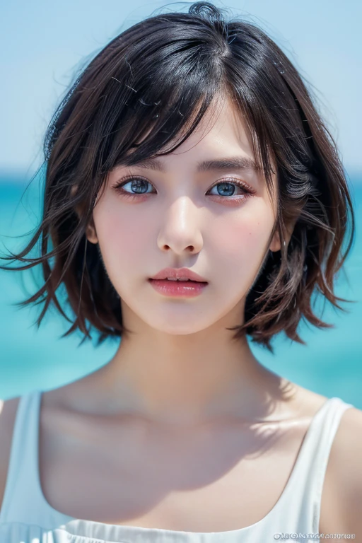 (award winning, 8k, super detailed, high resolution, best quality, photography, portrait), 1girl, solo, beautiful girl, beautiful eyes, detailed eyes, black eye, white dress, short hair, black hair ocean background.