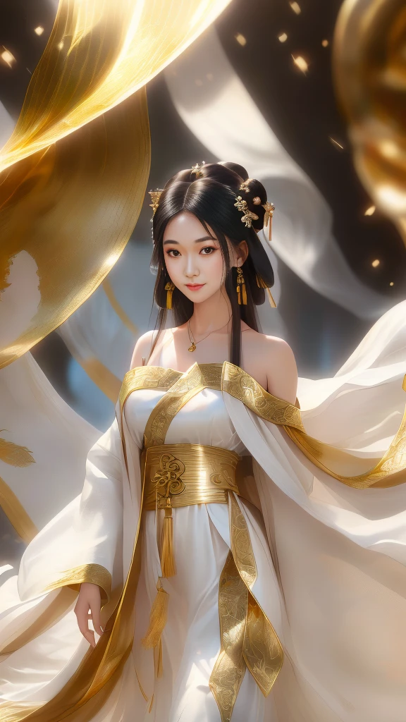 Girl in traditional Chinese clothing, Hanfu, Guzhen Hanfu women, gold Hanfu,(long straight black hair:1.5), black eyes, black bun hairstyle, hair accessories ,white diamond earrings, Bangle Diameter, Dia Necklace, Clear eyes, Facing forward,put on makeup, Long eyelashes ,(Black and gold long shoulder coat:1.5), (Very long skirt, white:1.5), ((Whole body)), ((from below)), Clear face, , (Very beautiful face, Beautiful mouth, beautiful eyes), detailed face, ((Ultra-fine skin)), In the dark, deep shadows, an ancient Chinese girl (Very slim figure 1.3) ,Plump breasts, elegant posture ,(palace in the sky:1.5),,(evil smile:1.3),