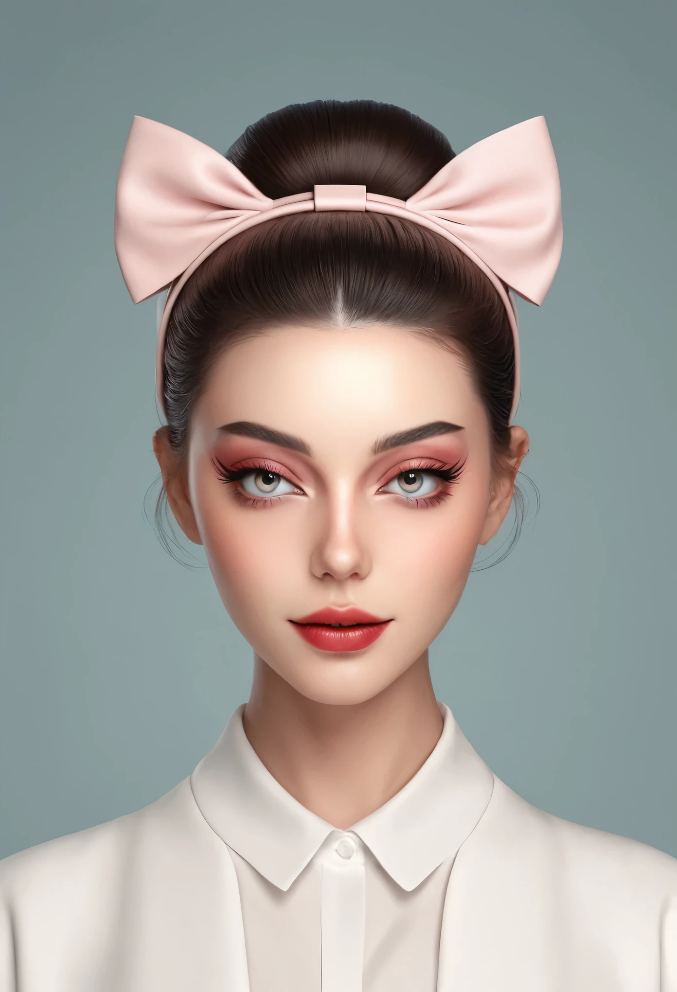in the style of a 3D digital illustration, girl, front view, symmetric, minimalist, solid background, high resolution and ultrahigh definition, volumetric lighting.