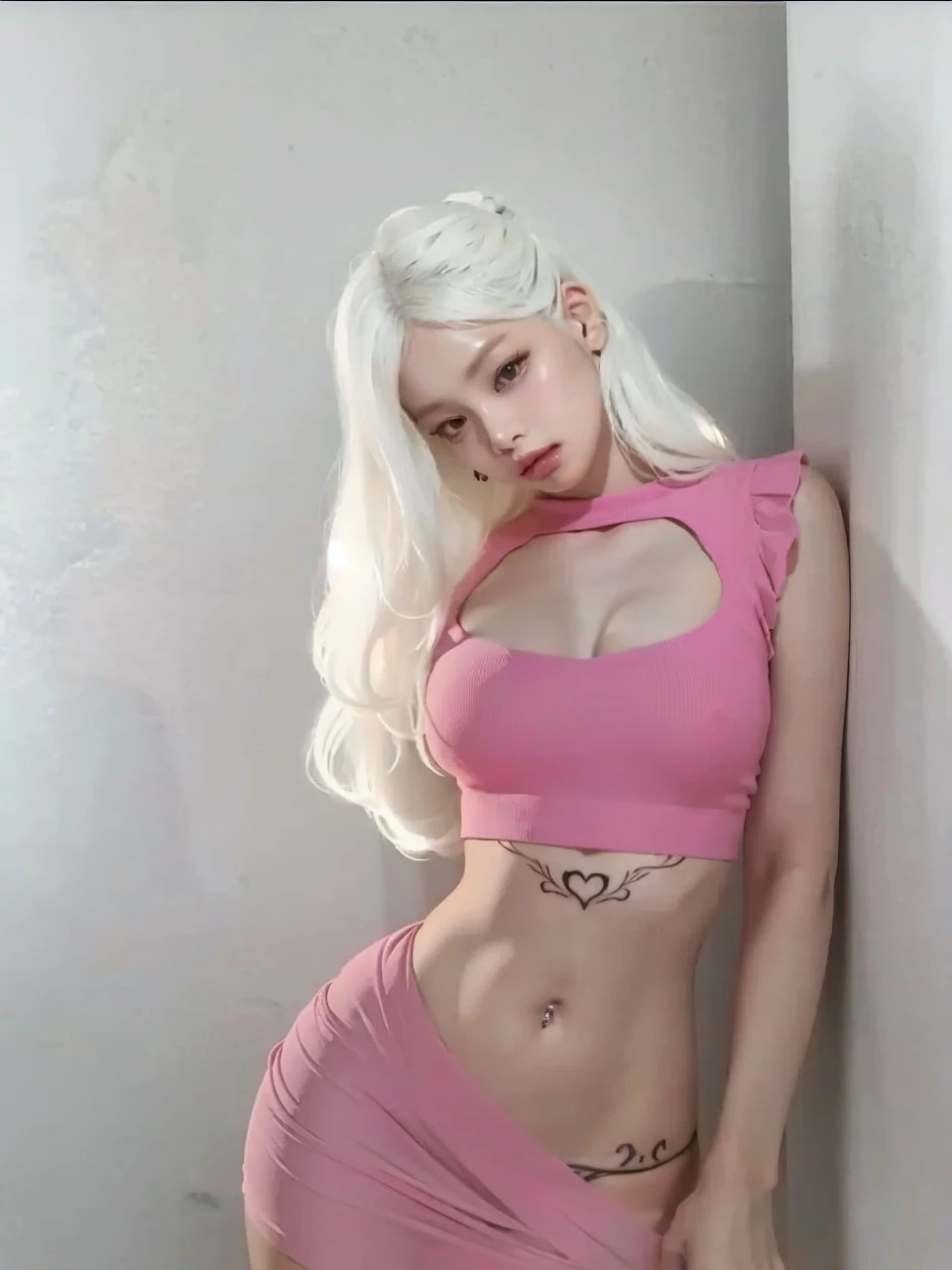 sexy, wavy white hair, deep neckline, small waist, curvilinear, white hair, tatto, pechos grandes, jennie blackpink