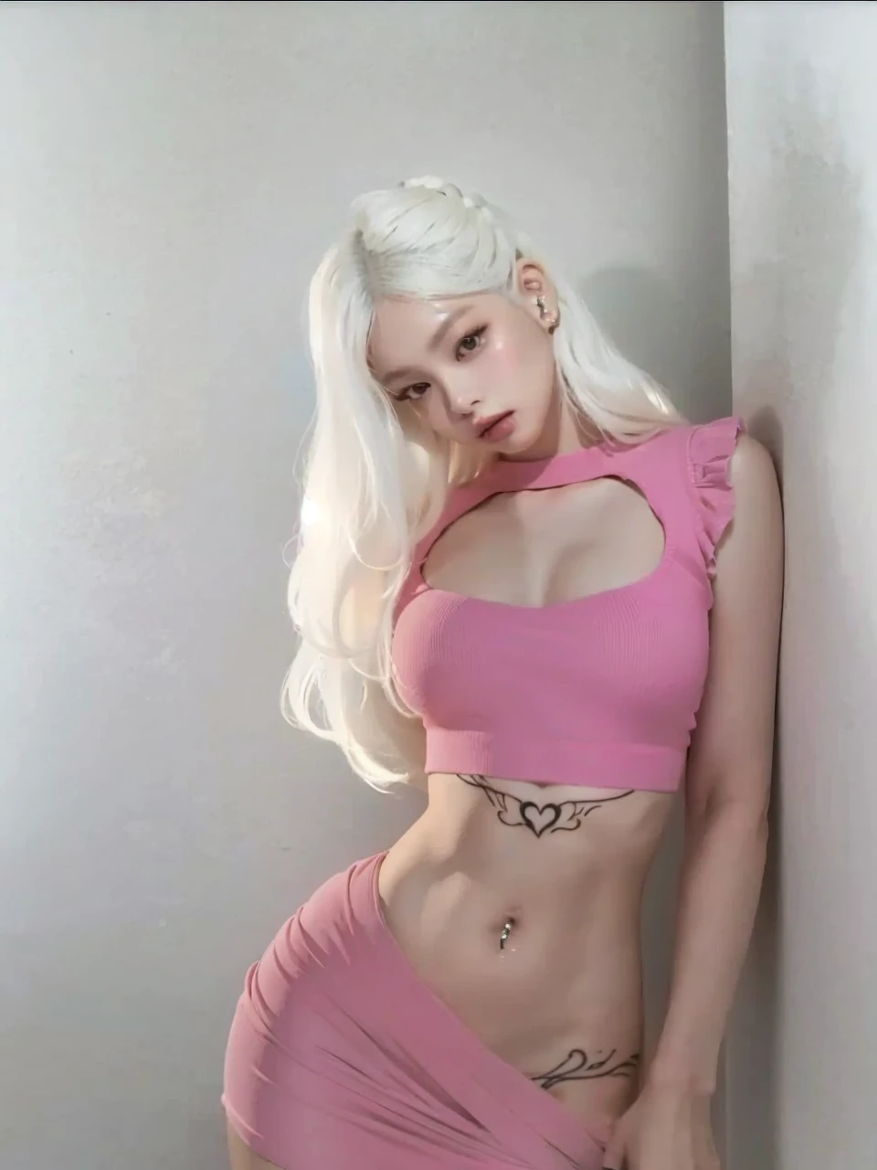 sexy, wavy white hair, deep neckline, small waist, curvilinear, white hair, tatto, pechos grandes, jennie blackpink