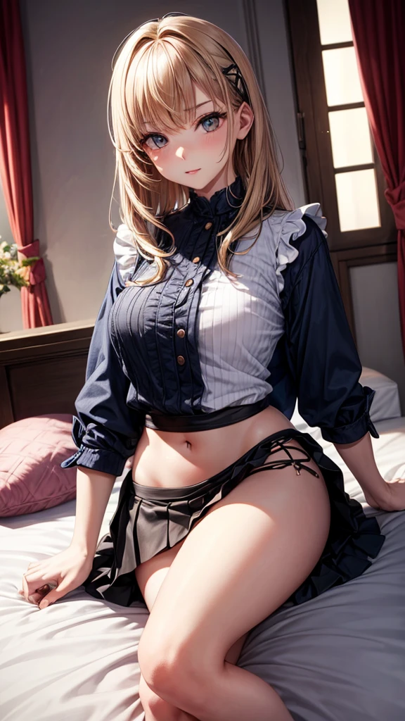 A woman dressed in a mini skirt and a top perched on her hips in bed with a naughty look