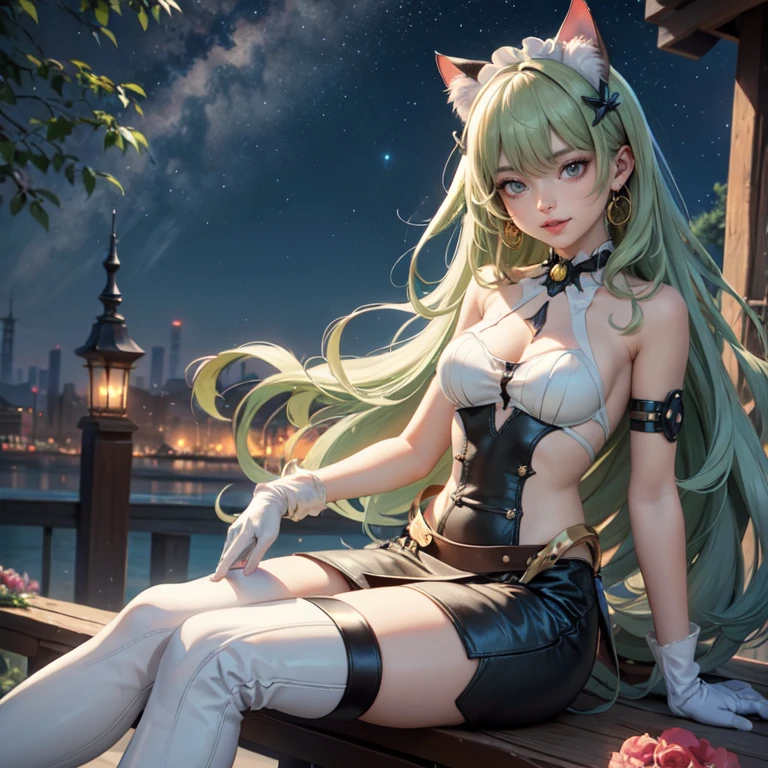 1girl, white maid dress, jewelry, green hair, flowing hair, long hair, white roses, firefly, oriental architecture, maid dress with a short skirt and layers, white laces, white boots, white dress with transparency, gold details on her clothes, cat ears, animal ears, outside, outdoor, seat on the water, meteor falling in the sky, white roses, grass flowers, more details, perfectly body, perfectly hands, two hands, two legs, two arms, five fingers, glowing hair, best quality, cat ears, animal ears, tail ornament, tail bow, white gloves, two cat tail, white gloves, alone, maid headdress, choker, garden scenery, detached sleeves, maid dress, maid white dress, strapless, masterpeice, best quality, detailed face, night, mobius (honkai impact), honkai (series), honkai impact 3rd, asymmetrical gloves, bangs, white short skirt , white gloves, white boots, earrings, elbow gloves, fishnet thighhighs, fishmasterpeice, solo, best quality, detailed face, gloves, green eyes, green hair, hair between eyes, jewelry, long hair, looking at viewer, single earring, sky, sleeveless, solo, thigh boots, thighhighs, tongue, tongue out, uneven gloves, sitting, cat ears, animal ears, cat tail, holding a ice cream