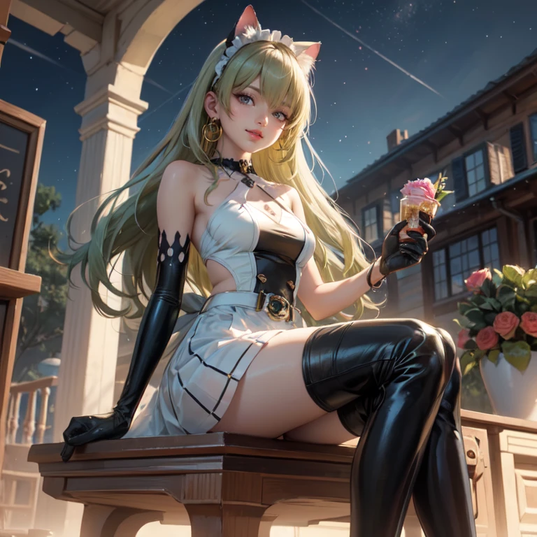 1girl, white maid dress, jewelry, green hair, flowing hair, long hair, white roses, firefly, oriental architecture, maid dress with a short skirt and layers, white laces, white boots, white dress with transparency, gold details on her clothes, cat ears, animal ears, outside, outdoor, seat on the water, meteor falling in the sky, white roses, grass flowers, more details, perfectly body, perfectly hands, two hands, two legs, two arms, five fingers, glowing hair, best quality, cat ears, animal ears, tail ornament, tail bow, white gloves, two cat tail, white gloves, alone, maid headdress, choker, garden scenery, detached sleeves, maid dress, maid white dress, strapless, masterpeice, best quality, detailed face, night, mobius (honkai impact), honkai (series), honkai impact 3rd, asymmetrical gloves, bangs, white short skirt , white gloves, white boots, earrings, elbow gloves, fishnet thighhighs, fishmasterpeice, solo, best quality, detailed face, gloves, green eyes, green hair, hair between eyes, jewelry, long hair, looking at viewer, single earring, sky, sleeveless, solo, thigh boots, thighhighs, tongue, tongue out, uneven gloves, sitting, cat ears, animal ears, cat tail, holding a ice cream