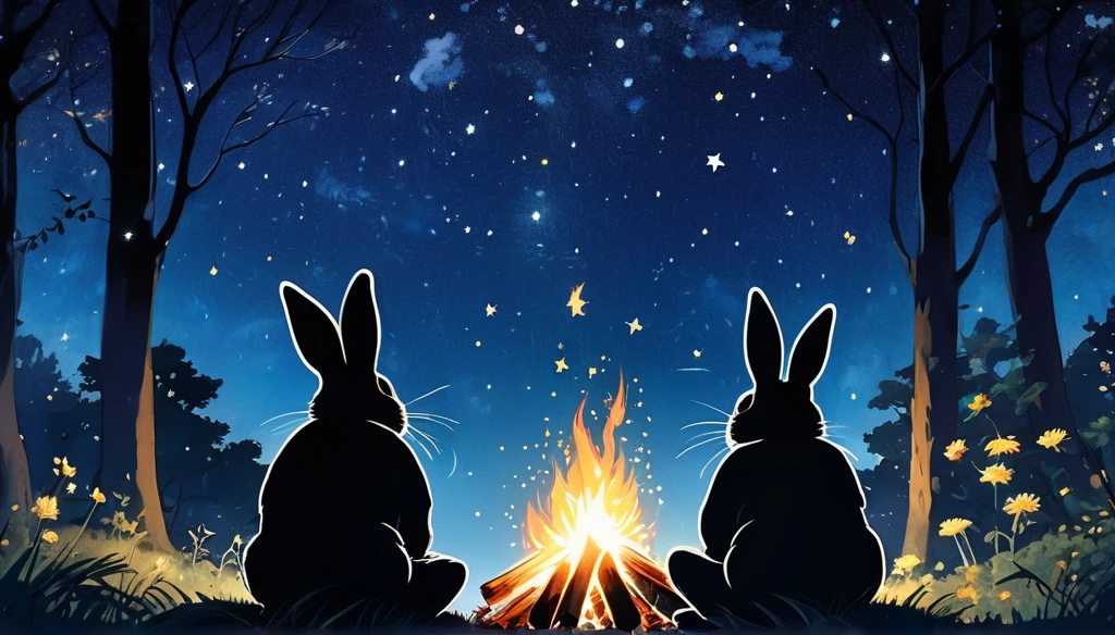 bonfire　beautiful starry sky at night　black Rabbit and white Rabbit2 good friends　In a beautiful forest　ghibli style　Picture book style