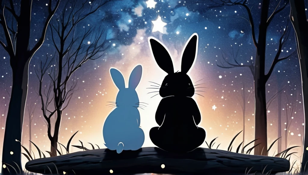 bonfire　beautiful starry sky at night　black Rabbit and white Rabbit2 good friends　In a beautiful forest　ghibli style　Picture book style