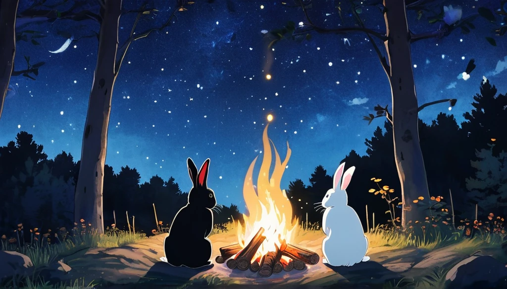 bonfire　beautiful starry sky at night　black Rabbit and white Rabbit2 good friends　In a beautiful forest　ghibli style　Picture book style
