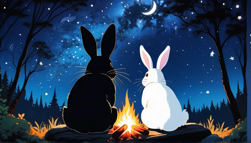 bonfire beautiful starry sky at night black Rabbit and white Rabbit2 good friends In a beautiful forest ghibli style Picture book style