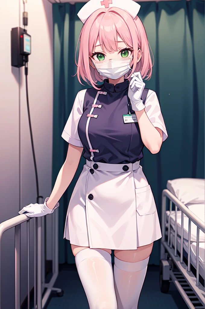 1girl, solo, nurse, white nurse cap, white nurse uniform, ((white legwear, zettai ryouiki)), white gloves, pink hair, green eyes, drooping eyes, ((white surgical mask, covered nose)), standing, ((hospital room)), sharp outline, short sleeves, best quality, masterpiece