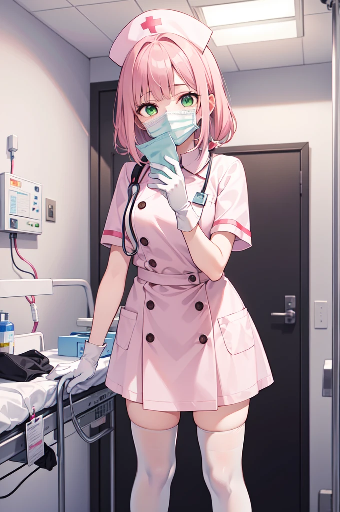 1girl, solo, nurse, white nurse cap, white nurse uniform, ((white legwear, zettai ryouiki)), white gloves, pink hair, green eyes, drooping eyes, ((white surgical mask, covered nose)), standing, ((hospital room)), sharp outline, short sleeves, best quality, masterpiece