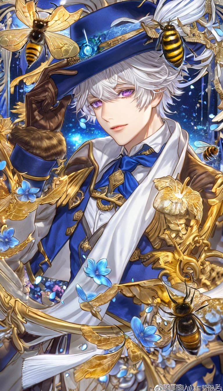 Ultra detailed, highres, absurdres, HDR, master piece, Gauche Suede, messy white hair, short hair, expressive purple eyes, Tegami Bachi, blue petals, white scarf, sexy man, solo, best quality, blue flowers, blue shining fireflies, handsome, fantasy, magical, brown gloves, blue moon, blue cropped jacket with white patters, blue necktie, white shirt, blue hat with a pattern of a bee