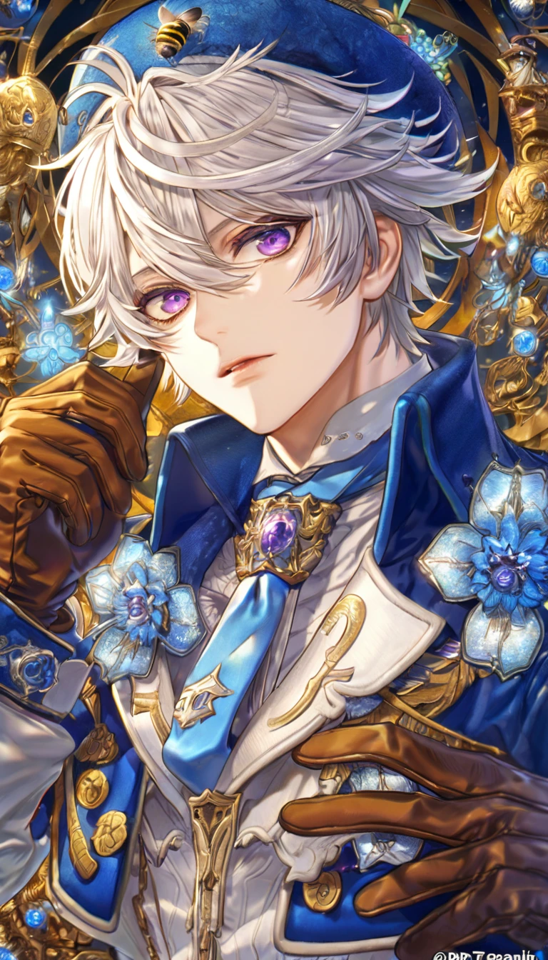 Ultra detailed, highres, absurdres, HDR, master piece, Gauche Suede, messy white hair, short hair, expressive purple eyes, Tegami Bachi, blue petals, white scarf, sexy man, solo, best quality, blue flowers, blue shining fireflies, handsome, fantasy, magical, brown gloves, blue moon, blue cropped jacket with white patters, blue necktie, white shirt, blue hat with a pattern of a bee