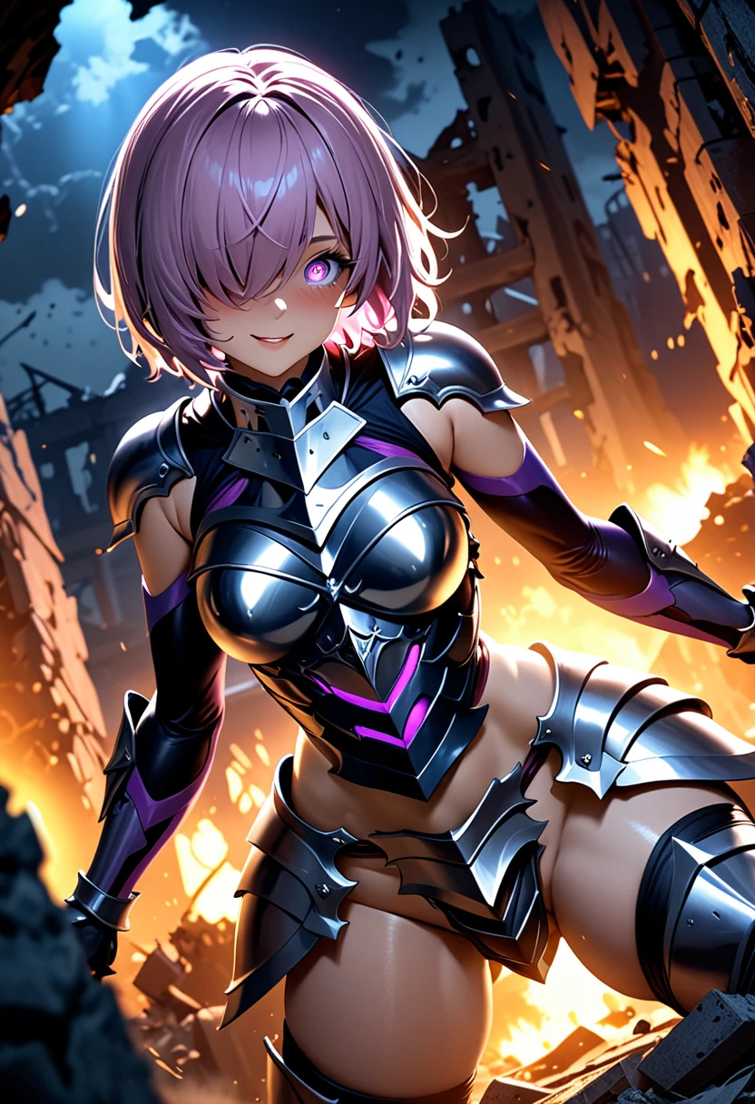 (masterpiece, top quality, best quality, beautiful and aesthetic:1.2), full body, SFW, extremely detailed, detailed face and eyes, cinematic light, depth of field, 1girl, seducing smile, solo, official, (armored knight:1.4), dark armor, mash kyrielight, light purple hair, short hair, hair over one eye, slim body, cinematic lighting, dramatic lighting, dramatic atmosphere, hyper-realistic, high resolution, stunning contrast, high quality, best quality, 8k, 4k, intricately detailed, (amazing details:1.2), highly detailed skin, powerful presence, vibrant colors, (detailed eyes:1.2), striking eyes, (detailed background), (warzone on background, night, ruins), (dynamic angle:1.2), (dynamic pose:1.2)