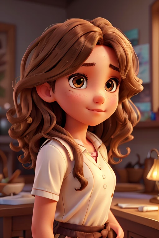 cute teenage girl with curly dark blonde hair, fair skin and brown eyes, medium length hair, detailed face, beautiful eyes, long lashes, warm lighting, cinematic lighting, photorealistic, 8k, masterpiece, highly detailed, studio lighting, digital painting, realistic, vibrant colors, depth of field