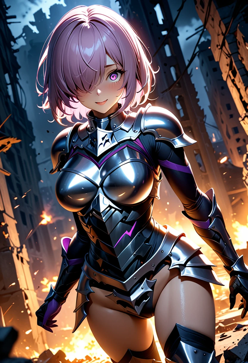 (masterpiece, top quality, best quality, beautiful and aesthetic:1.2), full body, SFW, extremely detailed, detailed face and eyes, cinematic light, depth of field, 1girl, seducing smile, solo, official, (armored knight:1.4), dark armor, mash kyrielight, light purple hair, short hair, hair over one eye, slim body, cinematic lighting, dramatic lighting, dramatic atmosphere, hyper-realistic, high resolution, stunning contrast, high quality, best quality, 8k, 4k, intricately detailed, (amazing details:1.2), highly detailed skin, powerful presence, vibrant colors, (detailed eyes:1.2), striking eyes, (detailed background), (warzone on background, night, ruins), (dynamic angle:1.2), (dynamic pose:1.2)