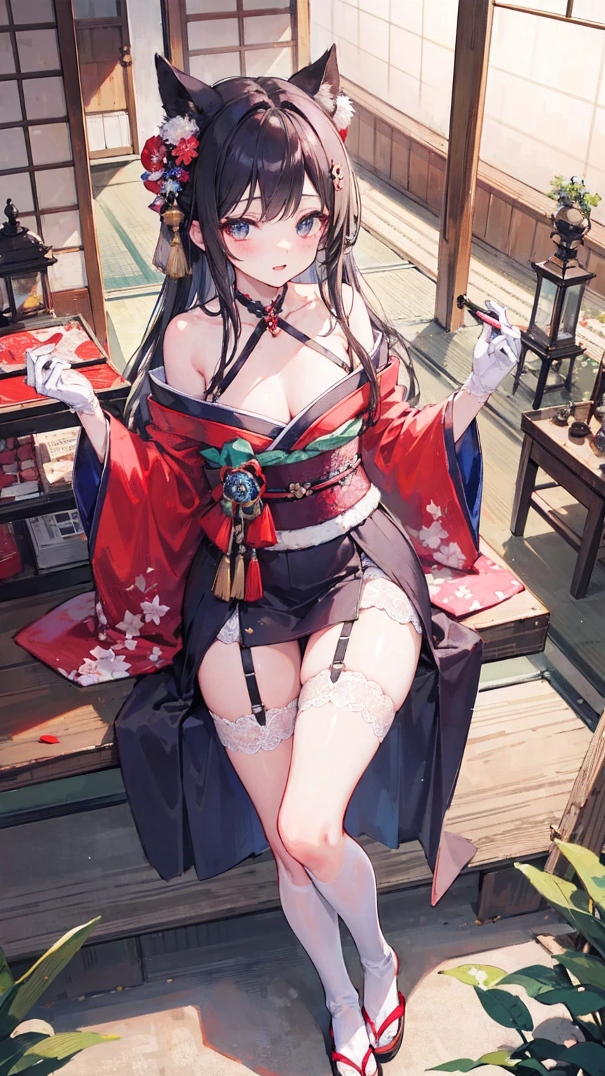 Cute Girls, Japanese look, High resolution, Super sharp, 8K, masterpiece、Knee-high socks、garter belt、Long gloves、Costumes with shoulders out、kimono、Shrine maiden、