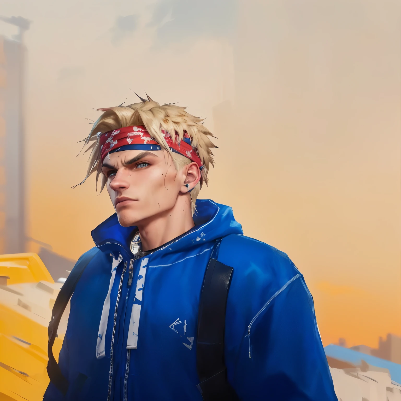there is a man with a blue jacket and a red bandana, xqc, checkered spiked hair, avatar with a blond hair, detailed punk hair, as a character from gtav, wearing a bandana and chain, wearing a red backwards cap, as a character in tekken, as the protagonist of gta 5, chloe price from life is strange, gta character