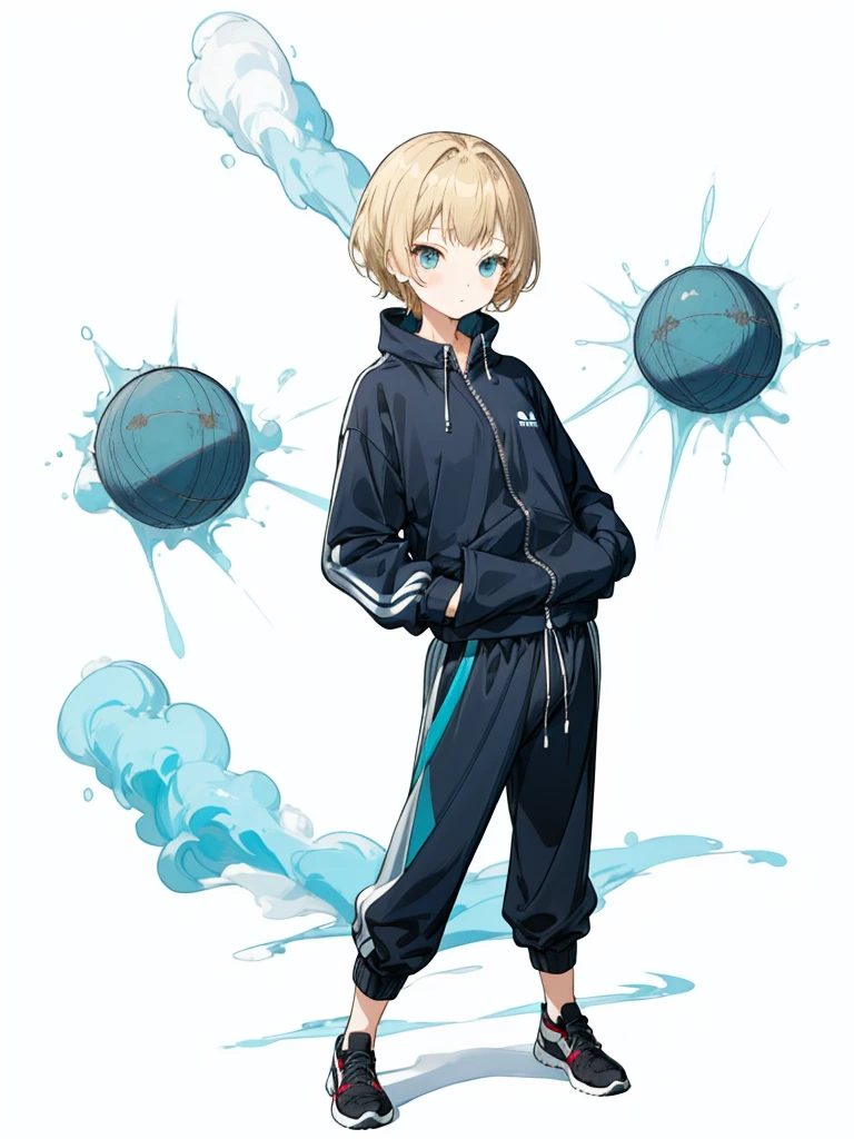 Black shorts、Turquoise Eyes、whole body、Navy blue tracksuit、Black shorts、Dynamic Napause、Blonde Hair、Girl&#39;s Room、Navy blue tracksuit、Blonde Hair、Shortcuts、Side hair is curled inward、Curly hair along the jawline、Navy blue jersey_White line with thin yellow border from shoulder to wrist、Black shorts、

