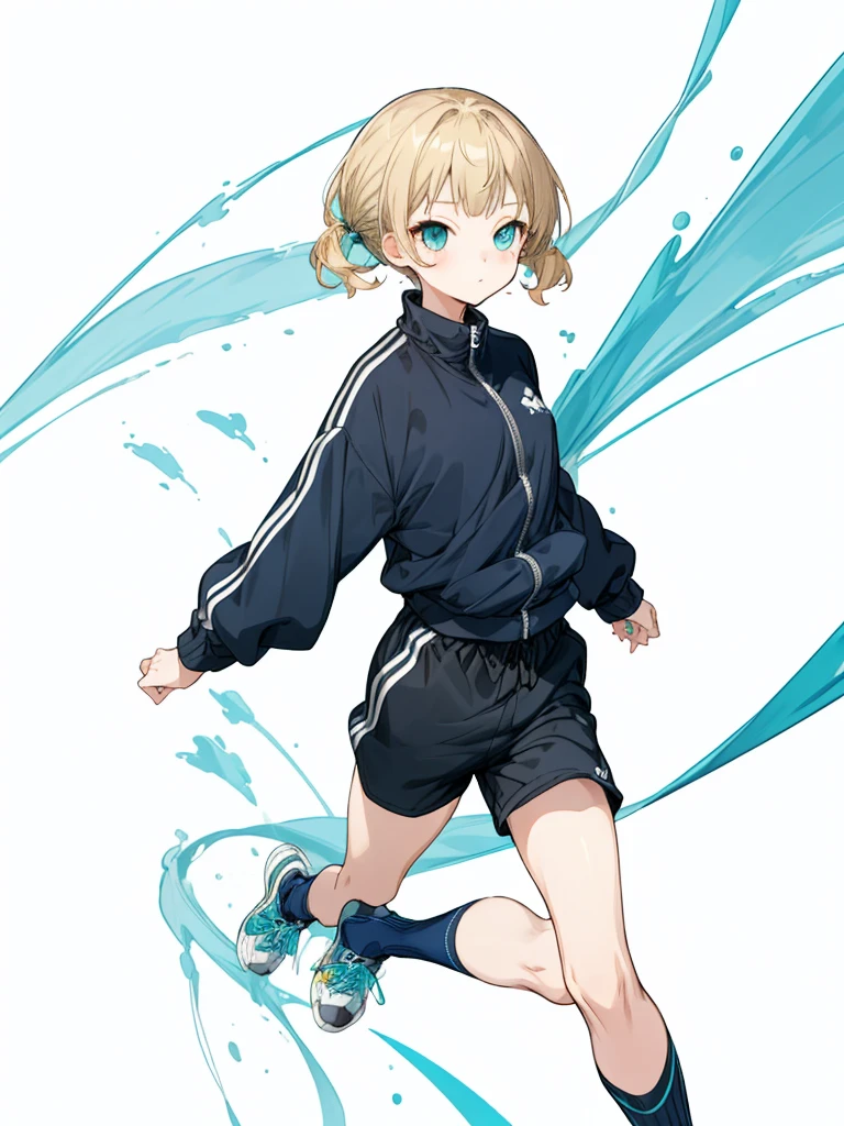 Black shorts、Turquoise Eyes、whole body、Navy blue tracksuit、Black shorts、Dynamic Napause、Blonde Hair、Girl&#39;s Room、Navy blue tracksuit、Blonde Hair、Shortcuts、Side hair is curled inward、Curly hair along the jawline、Navy blue jersey_White line with thin yellow border from shoulder to wrist、Black shorts、
